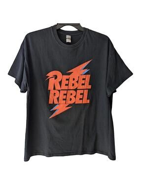 David Bowie Rebel Rebel T-Shirt XL Black Orange Lightning Bolt Rock Band Graphic